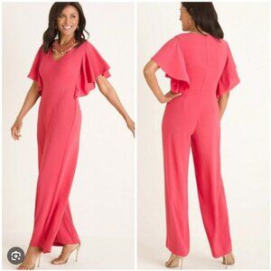 Chico's Ruffle Sleeve Jumpsuit Wide Leg Coral Pink V-Neck Classic Sz 2.5/14